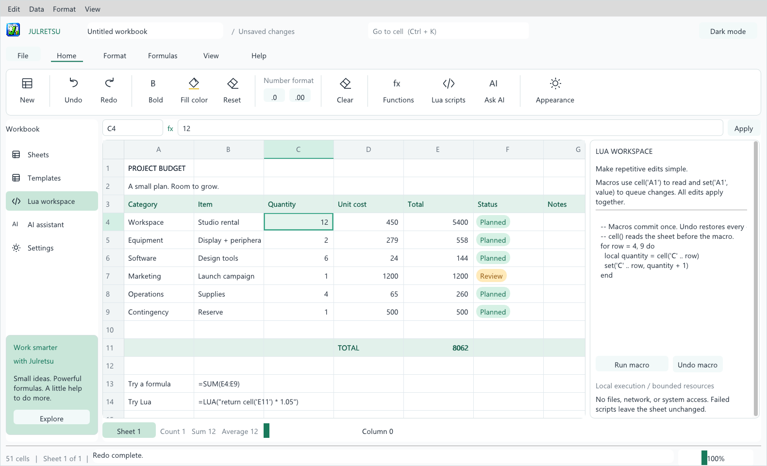 Julretsu desktop application with a project budget, formula bar, formatting ribbon, and Lua scripting panel.